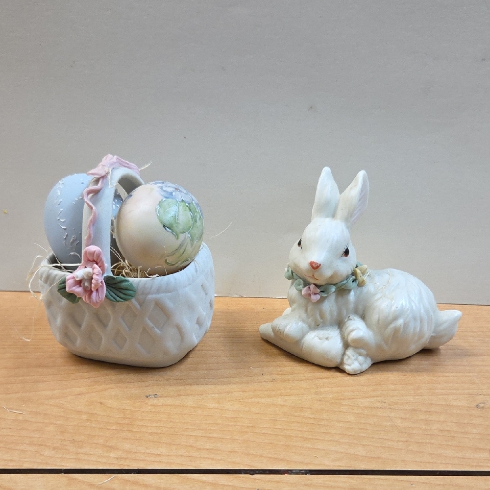 vintage Enesco Easter Basket With hand painted china Eggs ceramic Rabbit